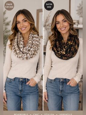 Stardust Love Reversible Chic White, Brown Black & Gold Faux Fur Infinity Scarf
